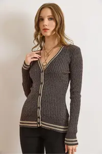 Olalook Women's Brown Stripe Detailed Hair Knitted Knitwear Cardigan - Image 2
