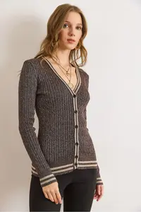 Olalook Women's Brown Stripe Detailed Hair Knitted Knitwear Cardigan - Image 3