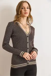 Olalook Women's Brown Stripe Detailed Hair Knitted Knitwear Cardigan - Image 4