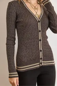 Olalook Women's Brown Stripe Detailed Hair Knitted Knitwear Cardigan - Image 5