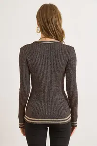 Olalook Women's Brown Stripe Detailed Hair Knitted Knitwear Cardigan - Image 6