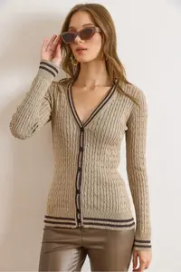 Olalook Women's Stone Stripe Detailed Hair Knitted Knitwear Cardigan