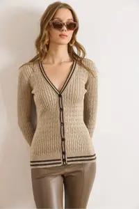 Olalook Women's Stone Stripe Detailed Hair Knitted Knitwear Cardigan - Image 2