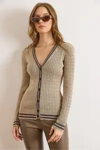 Olalook Women's Stone Stripe Detailed Hair Knitted Knitwear Cardigan - Image 3