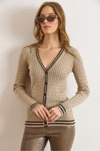 Olalook Women's Stone Stripe Detailed Hair Knitted Knitwear Cardigan - Image 4