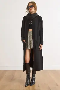 Olalook Women's Black Self-Fringed Pocket Long Cardigan