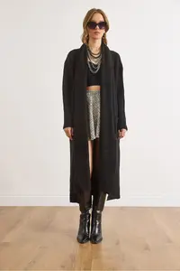 Olalook Women's Black Self-Fringed Pocket Long Cardigan - Image 2
