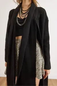 Olalook Women's Black Self-Fringed Pocket Long Cardigan - Image 4