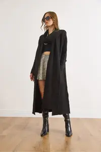 Olalook Women's Black Self-Fringed Pocket Long Cardigan - Image 5