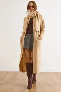 Olalook Women's Camel Self-Fringed Pocket Long Cardigan