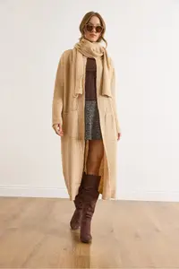Olalook Women's Camel Self-Fringed Pocket Long Cardigan - Image 2