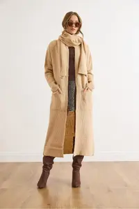Olalook Women's Camel Self-Fringed Pocket Long Cardigan - Image 3