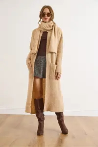 Olalook Women's Camel Self-Fringed Pocket Long Cardigan - Image 4