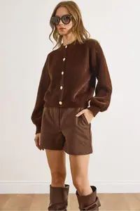 Olalook Women's Bitter Brown Button Detailed Soft Textured Beard Knitwear Cardigan