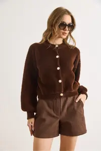Olalook Women's Bitter Brown Button Detailed Soft Textured Beard Knitwear Cardigan - Image 2