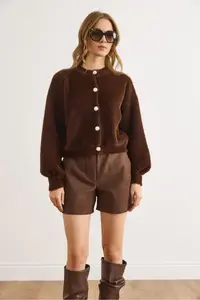 Olalook Women's Bitter Brown Button Detailed Soft Textured Beard Knitwear Cardigan - Image 3