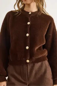 Olalook Women's Bitter Brown Button Detailed Soft Textured Beard Knitwear Cardigan - Image 4