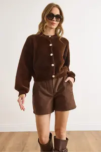 Olalook Women's Bitter Brown Button Detailed Soft Textured Beard Knitwear Cardigan - Image 5