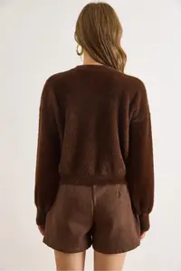 Olalook Women's Bitter Brown Button Detailed Soft Textured Beard Knitwear Cardigan - Image 6