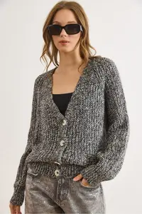 Olalook Women's Black Melted Soft Textured Knitwear Cardigan