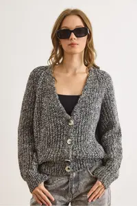 Olalook Women's Black Melted Soft Textured Knitwear Cardigan - Image 2