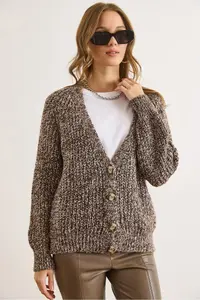 Olalook Women's Brown Melted Soft Textured Knitwear Cardigan