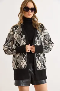 Olalook Women's Black Diamond Pattern Soft Textured Thick Knitwear Cardigan - Image 5