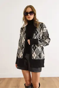 Olalook Women's Black Diamond Pattern Soft Textured Thick Knitwear Cardigan - Image 6