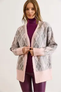 Olalook Women's Pink Diamond Pattern Soft Textured Thick Knitwear Cardigan