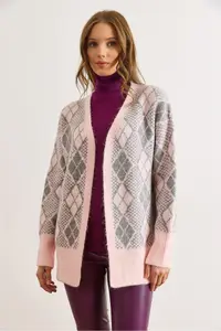 Olalook Women's Pink Diamond Pattern Soft Textured Thick Knitwear Cardigan - Image 5
