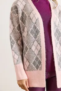 Olalook Women's Pink Diamond Pattern Soft Textured Thick Knitwear Cardigan - Image 6