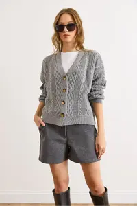 Olalook Women's Gray Hair Braid Detailed V-Neck Knitwear Cardigan - Image 2