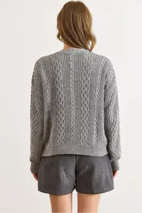 Olalook Women's Gray Hair Braid Detailed V-Neck Knitwear Cardigan - Image 3