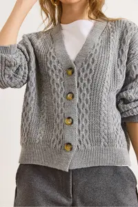 Olalook Women's Gray Hair Braid Detailed V-Neck Knitwear Cardigan - Image 4