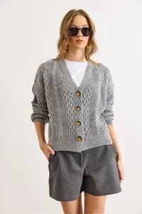 Olalook Women's Gray Hair Braid Detailed V-Neck Knitwear Cardigan - Image 5