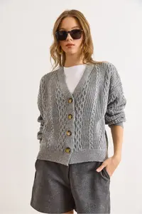 Olalook Women's Gray Hair Braid Detailed V-Neck Knitwear Cardigan - Image 6