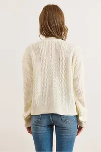Olalook Women's White Hair Braid Detailed V-Neck Knitwear Cardigan - Image 2