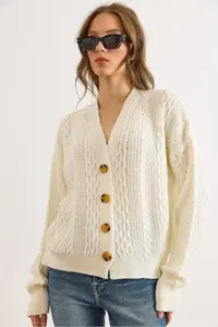 Olalook Women's White Hair Braid Detailed V-Neck Knitwear Cardigan - Image 3
