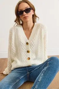 Olalook Women's White Hair Braid Detailed V-Neck Knitwear Cardigan - Image 4