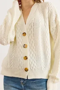 Olalook Women's White Hair Braid Detailed V-Neck Knitwear Cardigan - Image 5