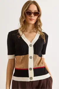Olalook Women's White Black V-neck Color Blocked Short Sleeve Knitwear Cardigan