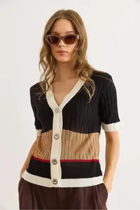 Olalook Women's White Black V-neck Color Blocked Short Sleeve Knitwear Cardigan - Image 2