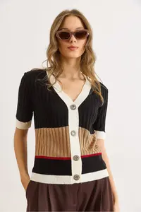 Olalook Women's White Black V-neck Color Blocked Short Sleeve Knitwear Cardigan - Image 3