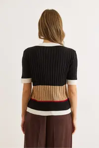 Olalook Women's White Black V-neck Color Blocked Short Sleeve Knitwear Cardigan - Image 5