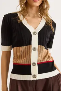 Olalook Women's White Black V-neck Color Blocked Short Sleeve Knitwear Cardigan - Image 6