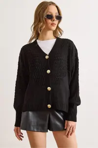 Olalook Women's Black Openwork Detailed V-Neck Knitwear Cardigan