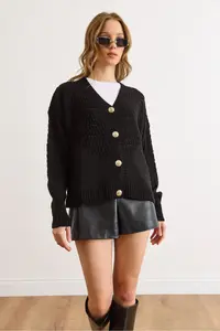Olalook Women's Black Openwork Detailed V-Neck Knitwear Cardigan - Image 2