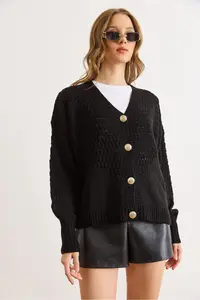 Olalook Women's Black Openwork Detailed V-Neck Knitwear Cardigan - Image 3