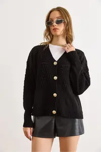 Olalook Women's Black Openwork Detailed V-Neck Knitwear Cardigan - Image 4