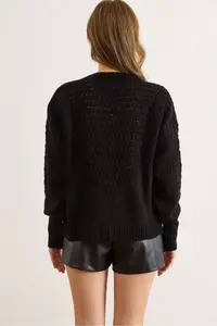 Olalook Women's Black Openwork Detailed V-Neck Knitwear Cardigan - Image 5